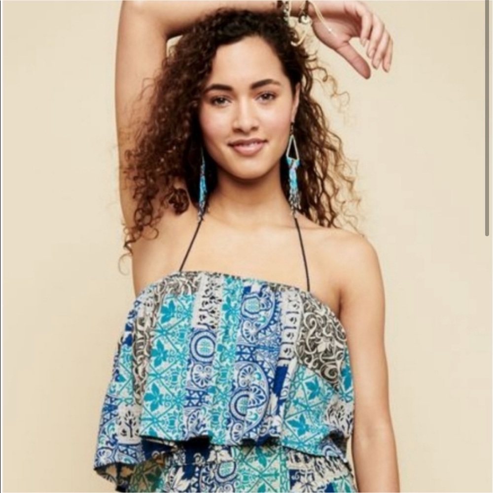 🆕 Earthbound Trading Co. Boho Blue Teal Strapless Crop Top XL